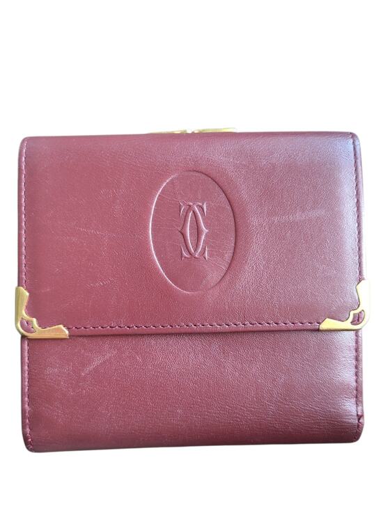 Cartier Handbags - Vintage Must de Cartier Bordeaux Leather Trifold Wallet Kiss Lock Coin Purse